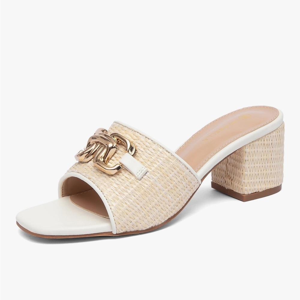 NIB NEWBELLA Raffia Slide Sandals Chain Block Heel Cream/Tan Women’s Size 7.5 - Picture 3 of 6
